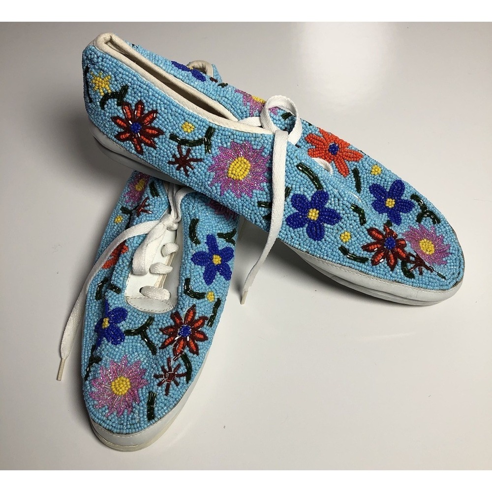 Vtg 90s Blue Beaded Floral Canvas Shoes Colorwerks Women's 12W Kawaii